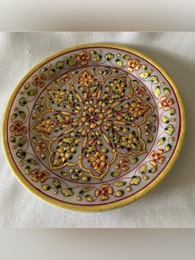 Marble Hand Painted Gold Leaf Decorative Plate GORGEOUS Floral Motif